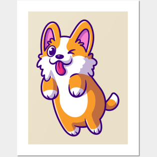 Cute Corgi Dog Jumping Cartoon Posters and Art